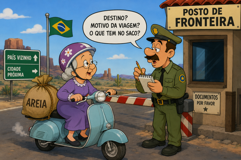 Uma ilustração estilo Looney Tunes com o cenário de um posto de fronteira com uma cancela, um guarda com um bloquinho de papel conversando com a personagem principal parada, que é uma velhinha simpática sobre uma lambreta tendo na garupa um saco de areia.